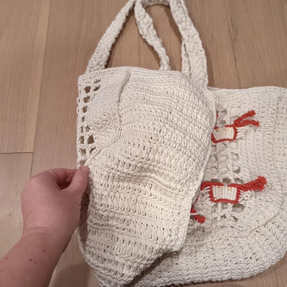 Handcrafted Cream and Red Tote Bag with little crabs